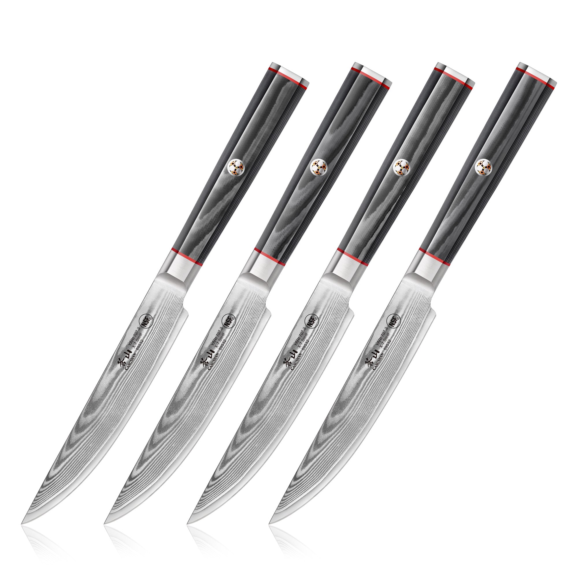 Four steak knives with patterned Damascus steel blades and black handles with red accents, arranged side by side.