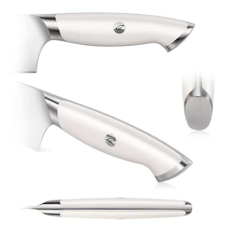 White-handled kitchen knife with stainless steel accents and a logo on the handle shown from multiple angles.