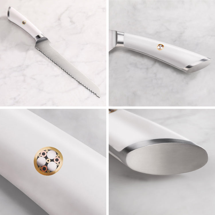 ELBERT Series 8-inch offset bread knife with white handle, serrated blade, and detailed close-ups of handle design and end ca