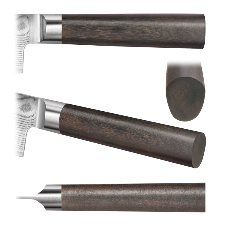 Dark wood knife handle with a rounded end and metal bolster shown from multiple angles.