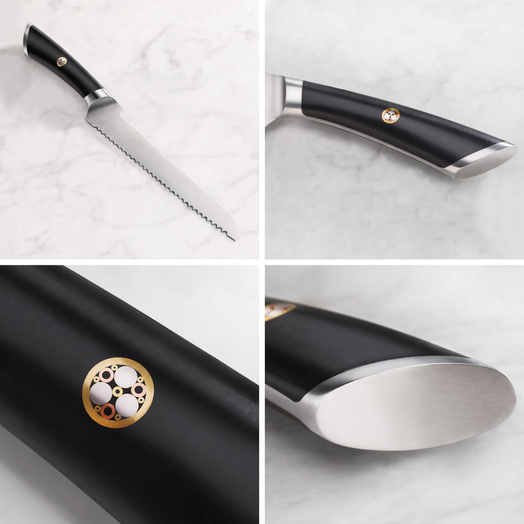 8-inch offset bread knife with black handle, serrated blade, and metal emblem on handle shown from multiple angles.
