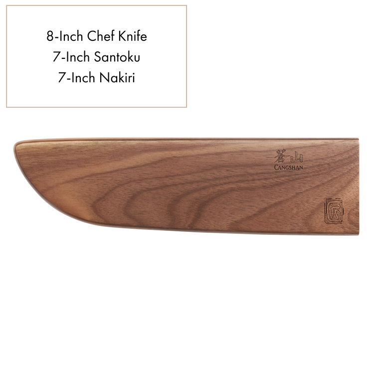 Walnut magnetic knife sheath with smooth grain and engraved logos, designed for 8-inch chef, 7-inch santoku, and 7-inch nakir