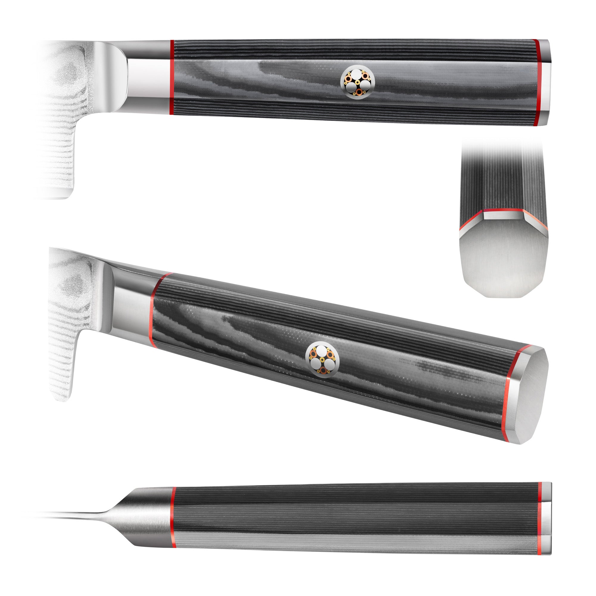 Dark wood grain sashimi knife handle with red accents and a decorative circular emblem, shown from multiple angles.