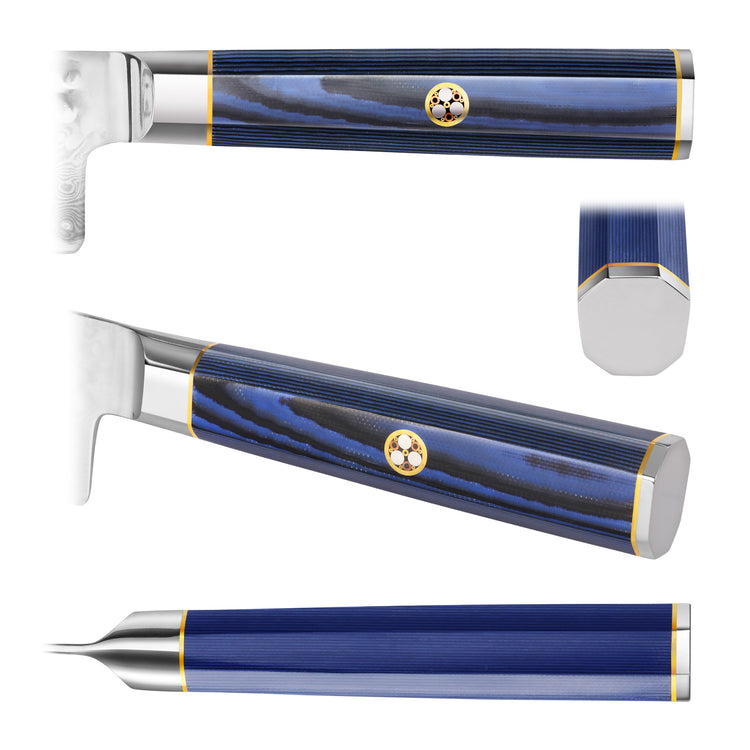 Blue handle knife with a short, uniquely shaped high carbon steel blade and decorative emblem on the handle.
