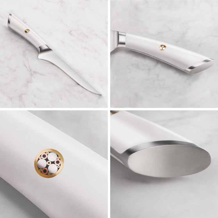 Boning knife with a white handle featuring a decorative circular emblem and a curved, pointed blade.