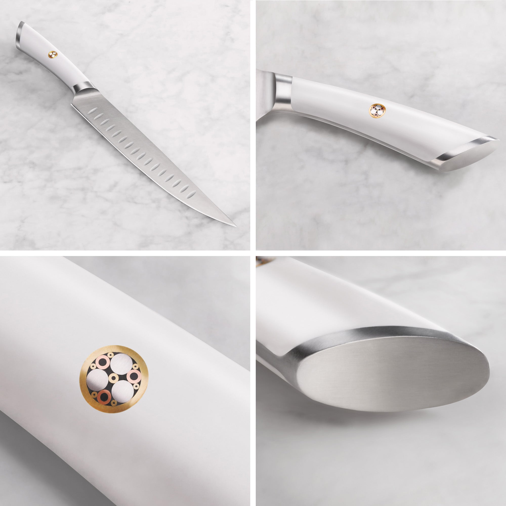 Carving knife with white handle featuring a circular emblem, stainless steel blade with grooves, and metal bolster.