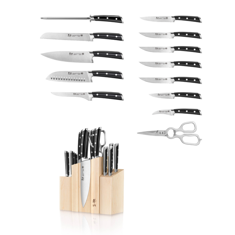 14-piece knife set with black handles, including various knives, kitchen shears, and a wooden block.