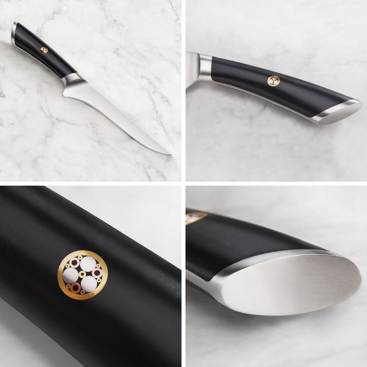 ELBERT Series 6-inch boning knife with curved blade, black handle, and metal bolster on marble surface.