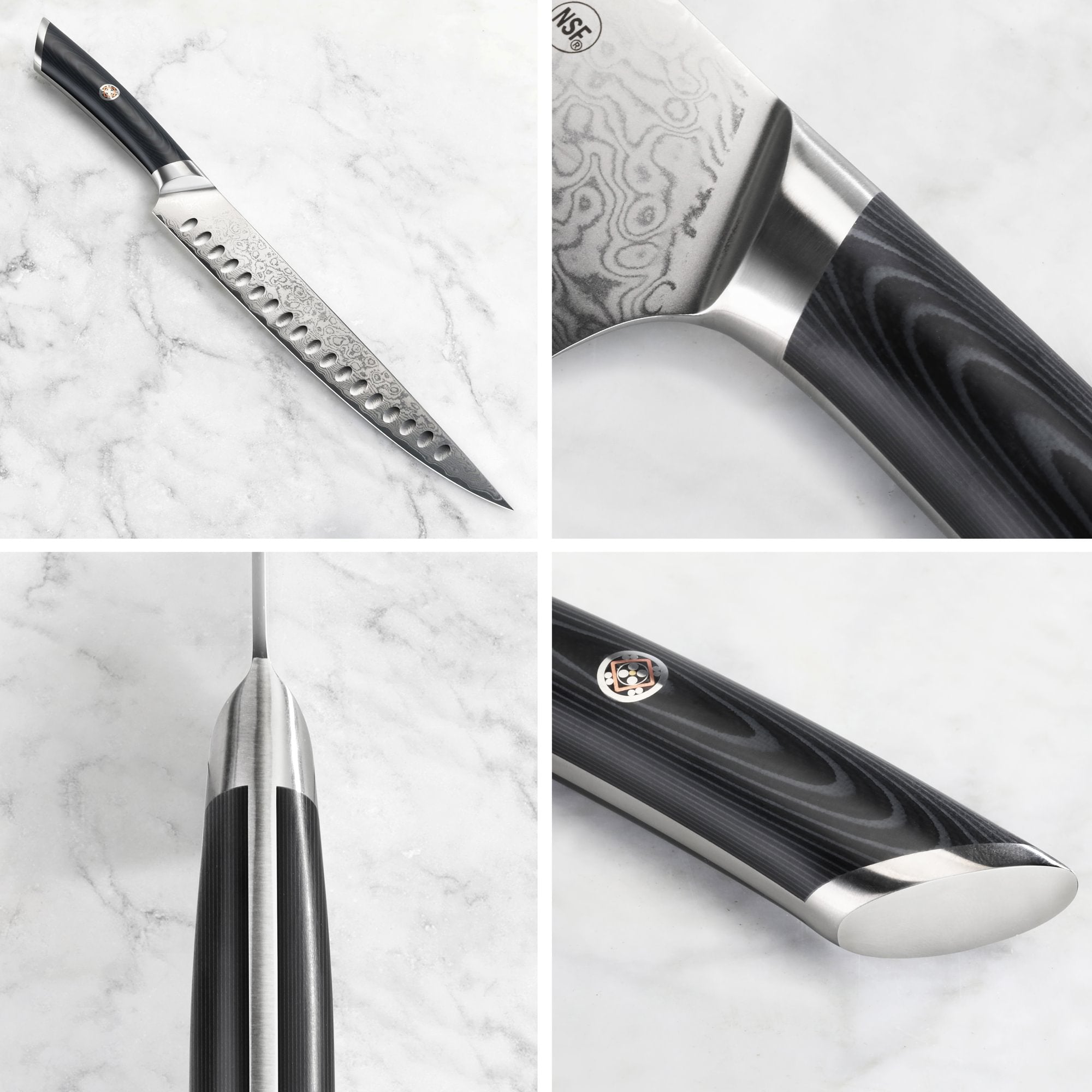 Carving knife with patterned blade, black wood handle, and stainless steel bolster shown from multiple angles.
