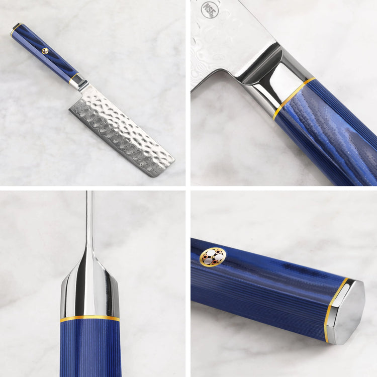 Nakiri knife with hammered Damascus steel blade and blue textured handle with metal accents shown in four close-up views.