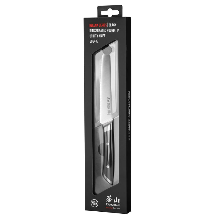 Black-handled 5-inch serrated utility knife with round tip in black retail packaging.