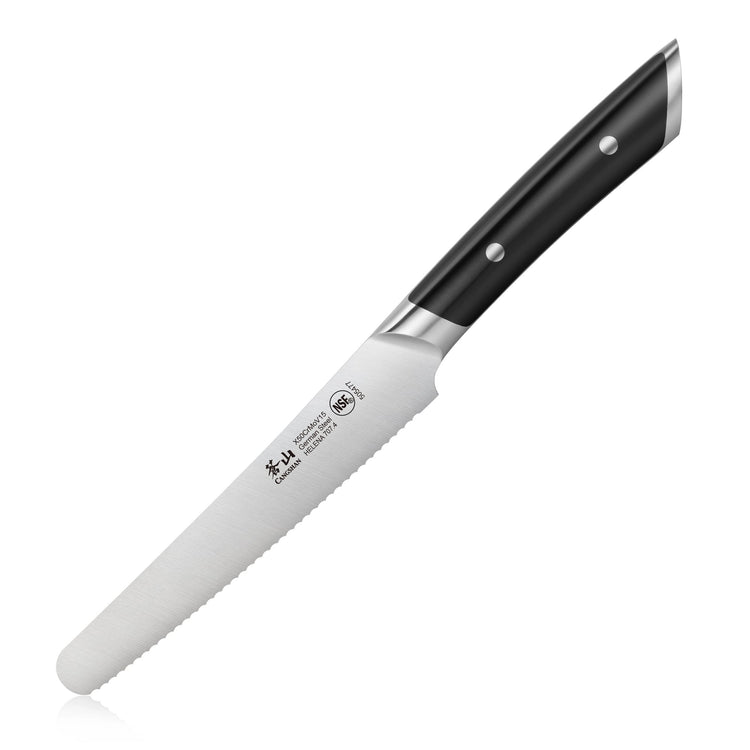 5-inch serrated utility knife with round tip, black handle, and forged German steel blade.