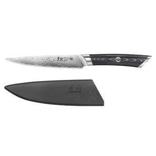 
                    
                      5-inch serrated utility knife with patterned blade and black handle, shown with a black protective sheath.
                    
                  