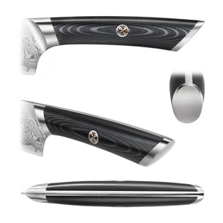 
                    
                      Close-up views of a black and silver knife handle with a decorative emblem and textured grip.
                    
                  