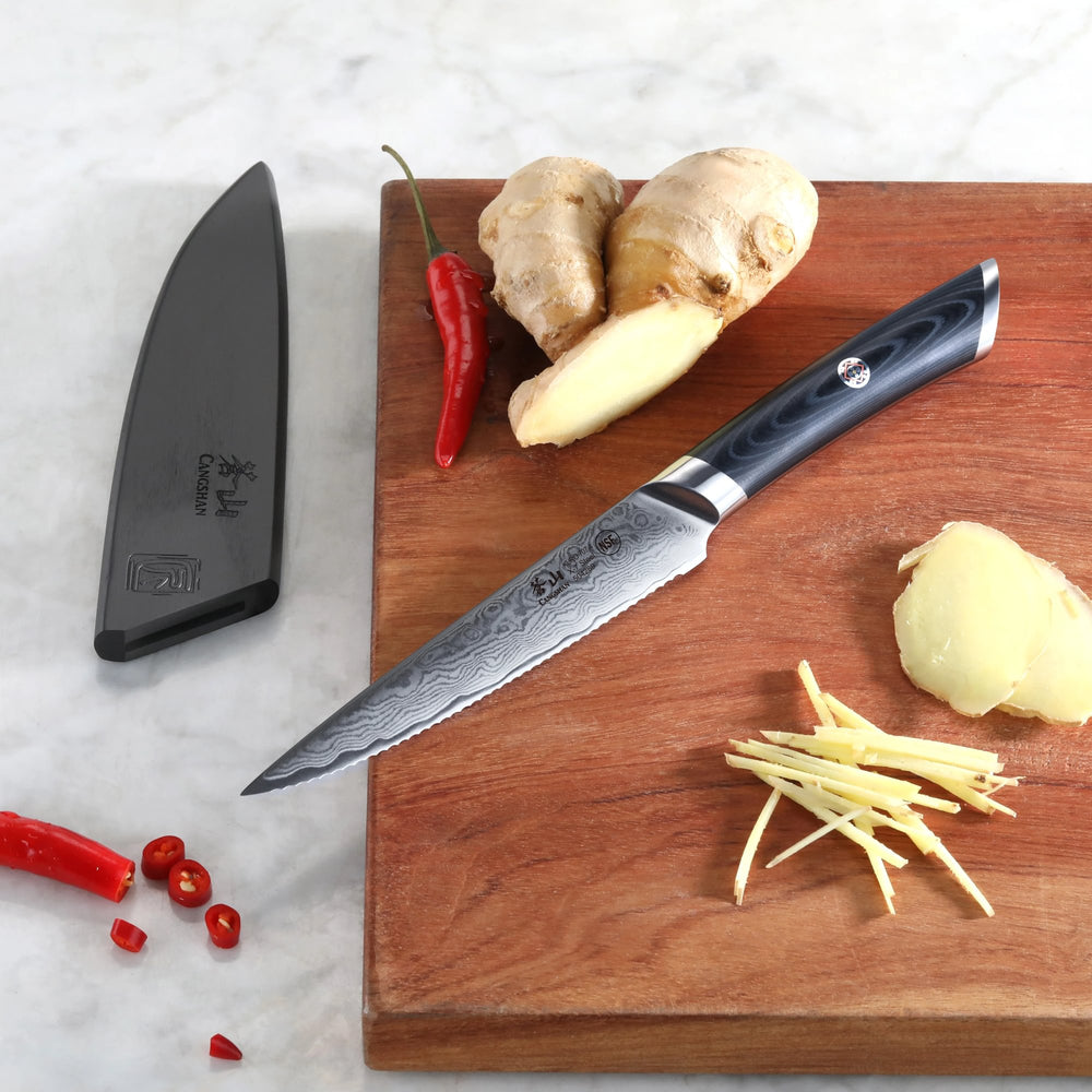 
                  
                    Load image into Gallery viewer, KURO Series 5-inch Serrated Utility Knife with Sheath, High Carbon X-7 Damascus Steel, 504289
                  
                