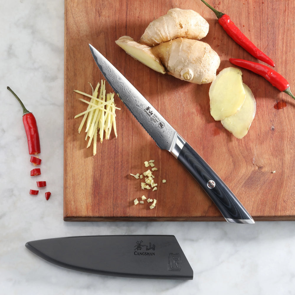 
                  
                    Load image into Gallery viewer, KURO Series 5-inch Serrated Utility Knife with Sheath, High Carbon X-7 Damascus Steel, 504289
                  
                