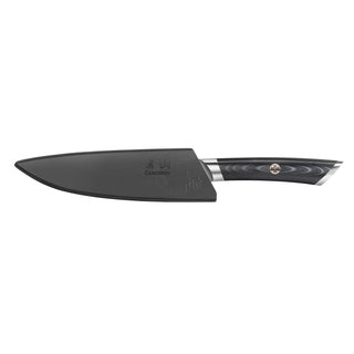
                    
                      5-inch serrated utility knife with black sheath and dark wood handle with metal accents.
                    
                  