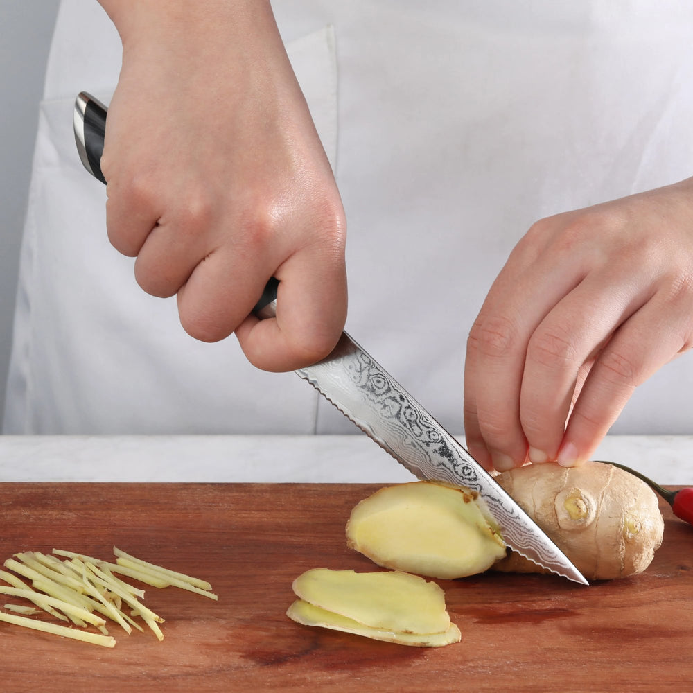 
                  
                    Load image into Gallery viewer, KURO Series 5-inch Serrated Utility Knife with Sheath, High Carbon X-7 Damascus Steel, 504289
                  
                