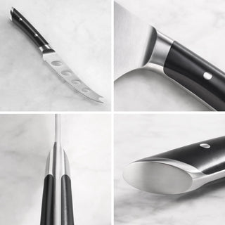 
                    
                      Four close-up views of a black-handled tomato knife with a serrated blade and stainless steel bolster and end cap.
                    
                  