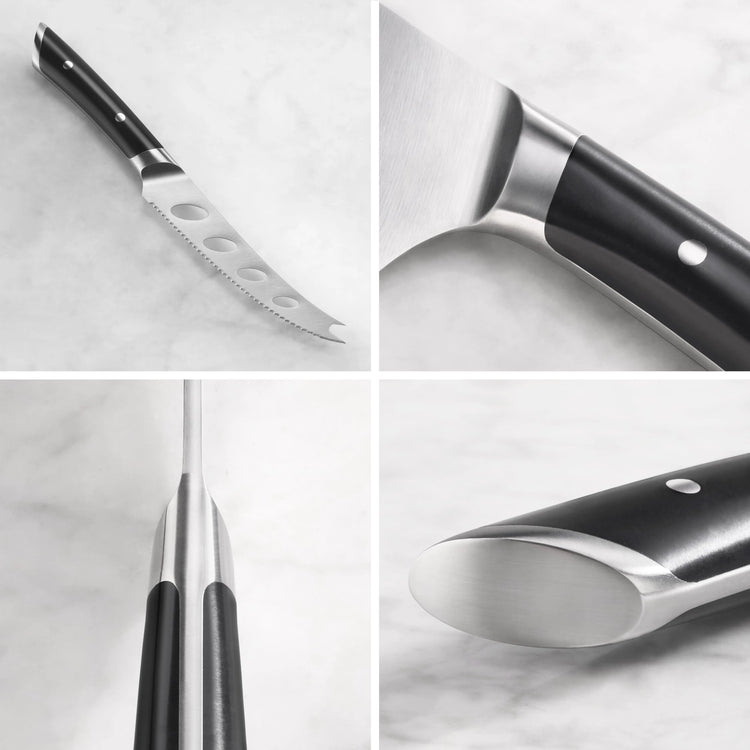Four close-up views of a black-handled tomato knife with a serrated blade and stainless steel bolster and end cap.