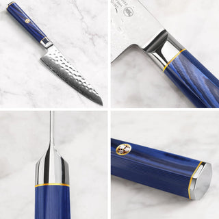 
                    
                      5.5-inch prep utility knife with hammered Damascus steel blade and blue handle with metal accents shown from multiple angles.
                    
                  