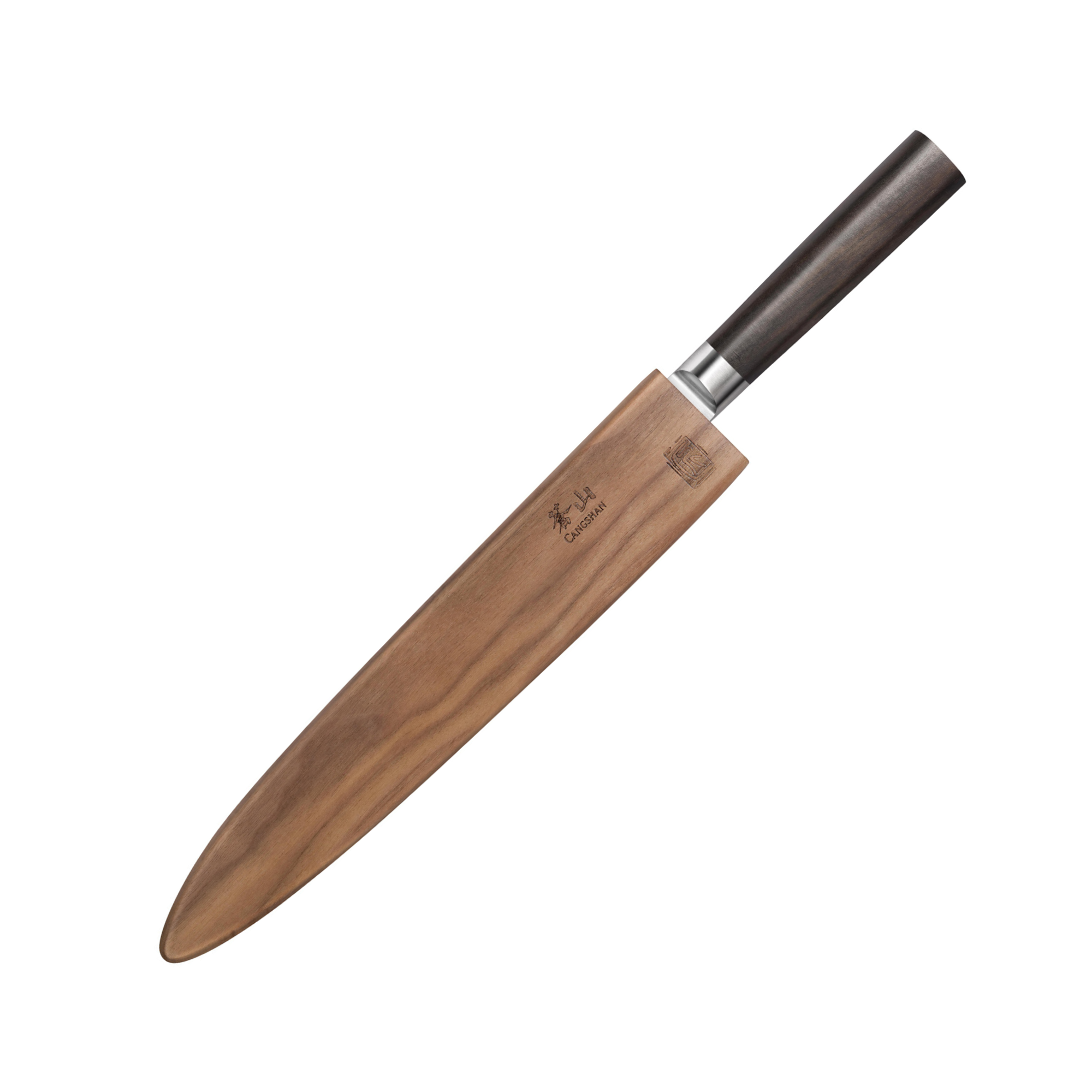 10-inch sashimi knife with dark wooden handle and wooden sheath covering the blade.