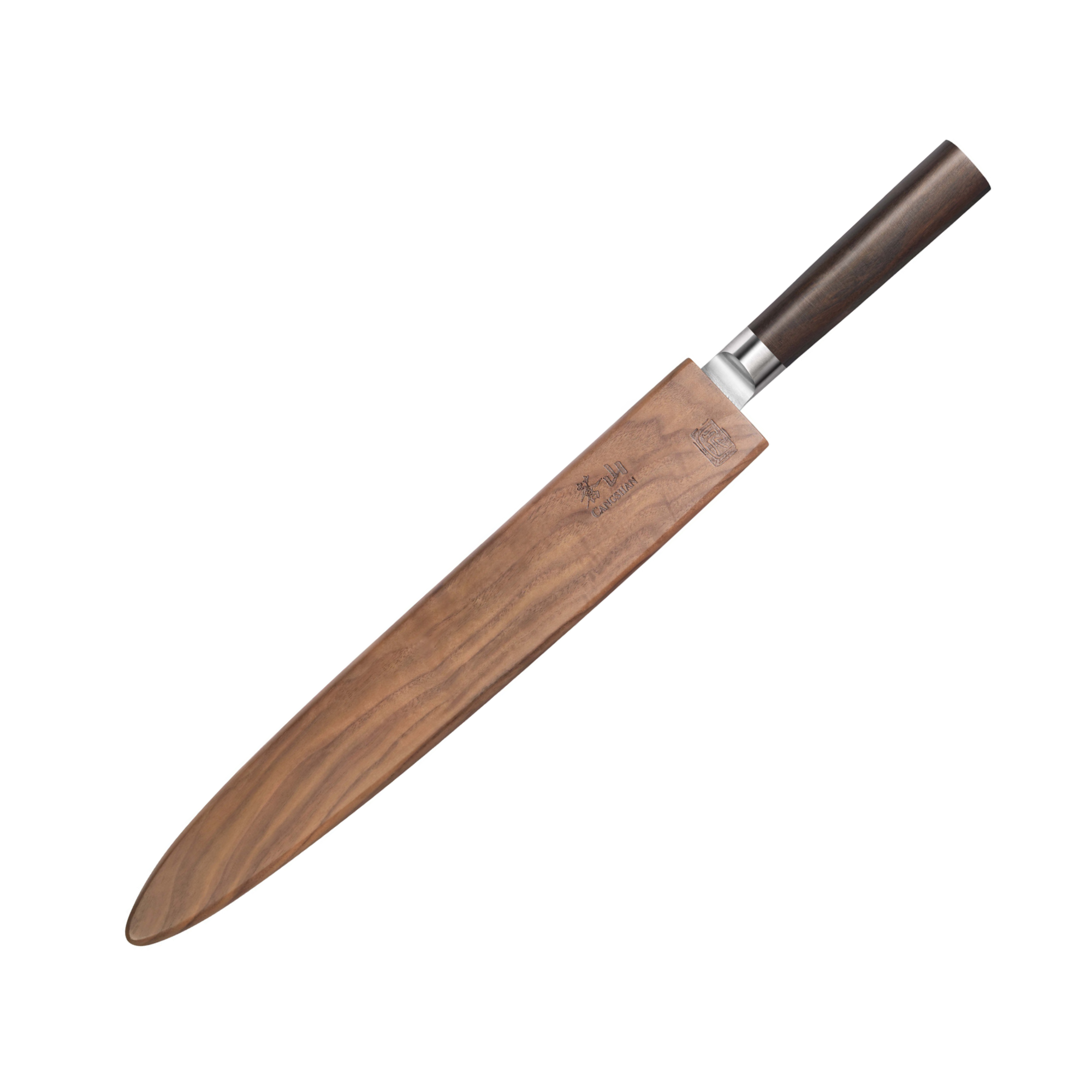 12-inch sashimi knife with dark wooden handle and wooden sheath featuring engraved markings.