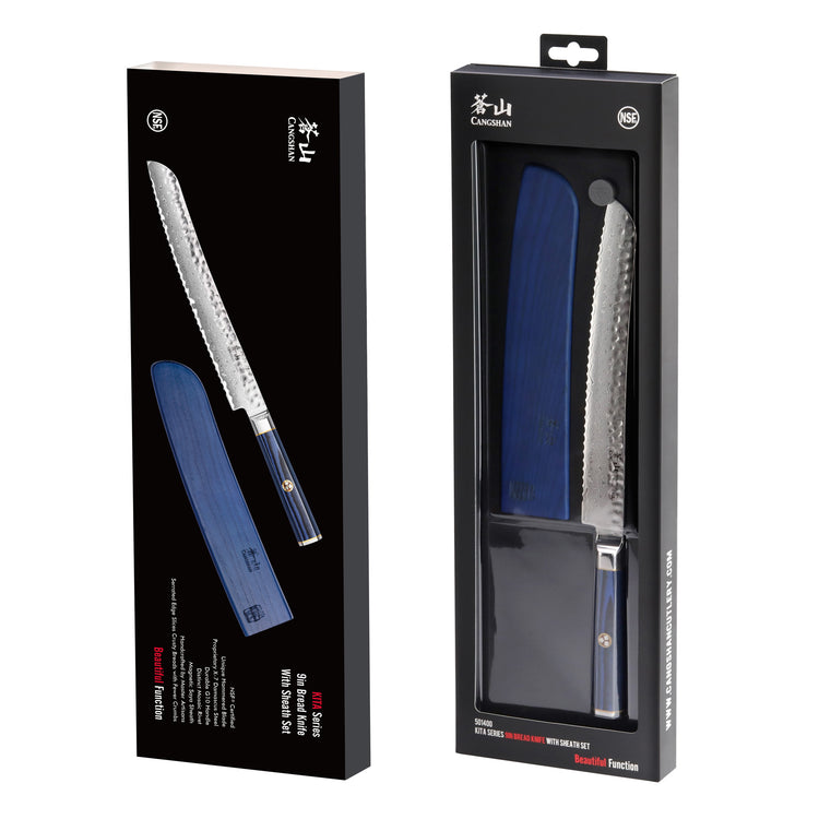 9-inch serrated bread knife with blue wooden handle and matching blue sheath in black packaging box.