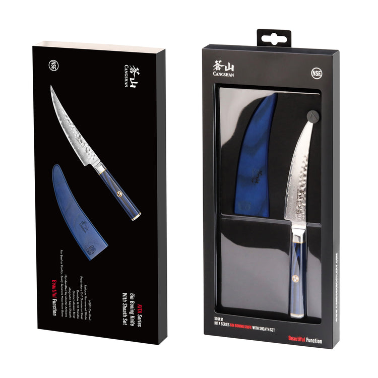 KITA Series 6-inch boning knife with blue handle and sheath, displayed in black retail packaging.