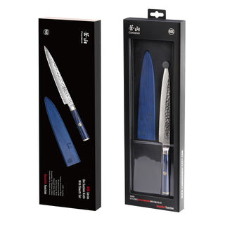 
                    
                      8-inch sashimi knife with hammered blade and blue sheath in black retail packaging.
                    
                  