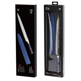 
                    
                      12-inch sashimi knife with hammered blade and blue sheath in black retail packaging.
                    
                  