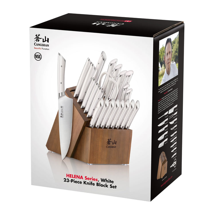 23-piece knife block set with white handles in an acacia wood block, including various knives and kitchen shears.
