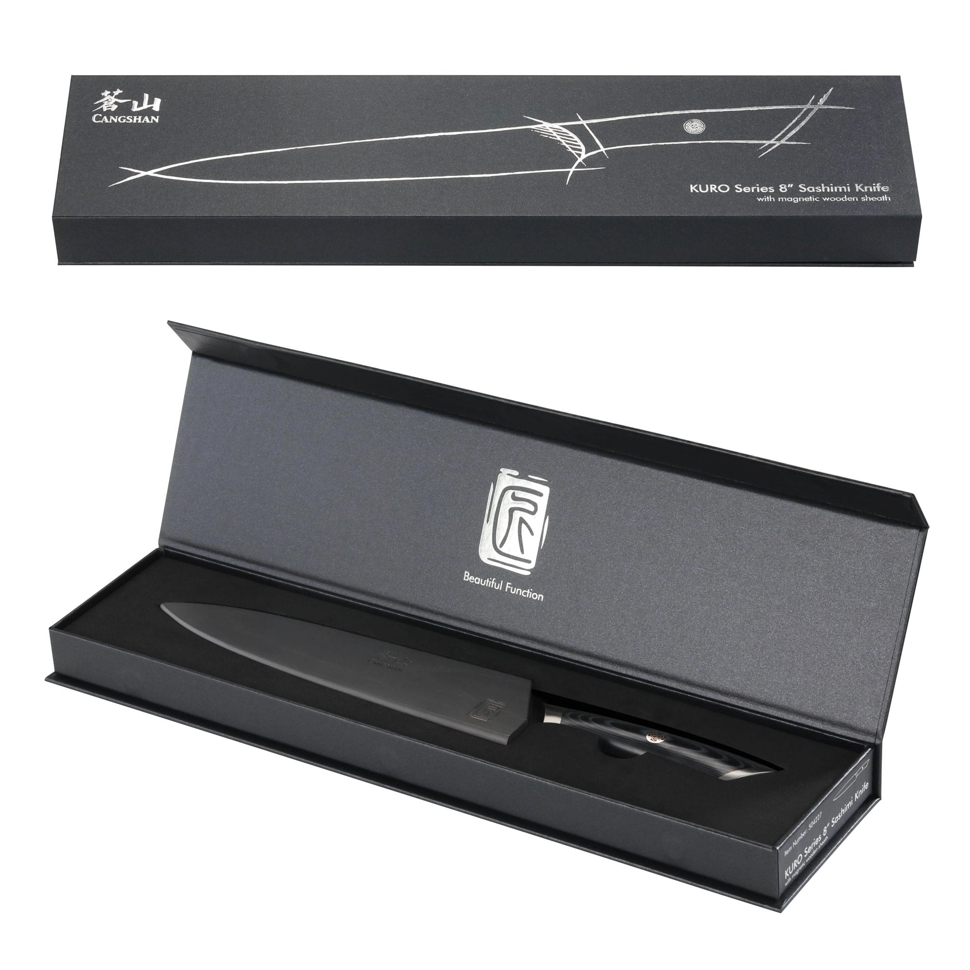 8-inch carving and sashimi knife with dark blade and handle, displayed in an open black presentation box.