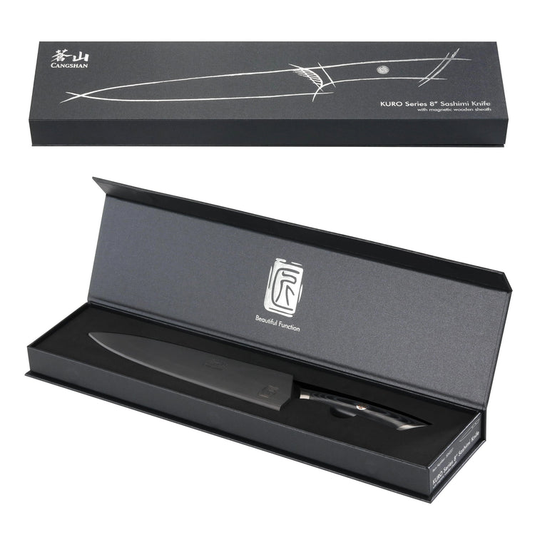 8-inch carving and sashimi knife with dark blade and handle, displayed in an open black presentation box.