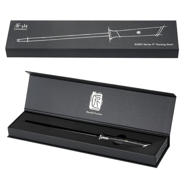 9-inch honing steel with a black handle, displayed inside a black presentation box with a lid.