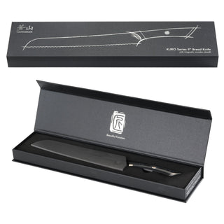 
                    
                      9-inch serrated bread knife with black handle in a black presentation box with sheath.
                    
                  