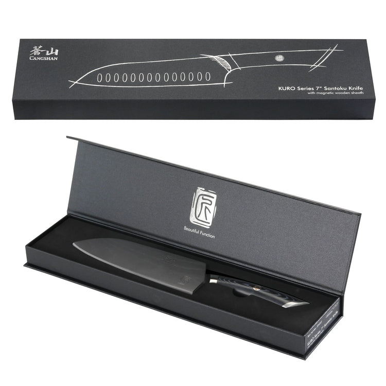 7-inch Santoku knife with black blade and handle, displayed inside an open black presentation box.