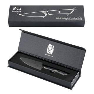 
                    
                      3.5-inch paring knife with black handle and sheath, displayed in an open black presentation box with branded lid.
                    
                  