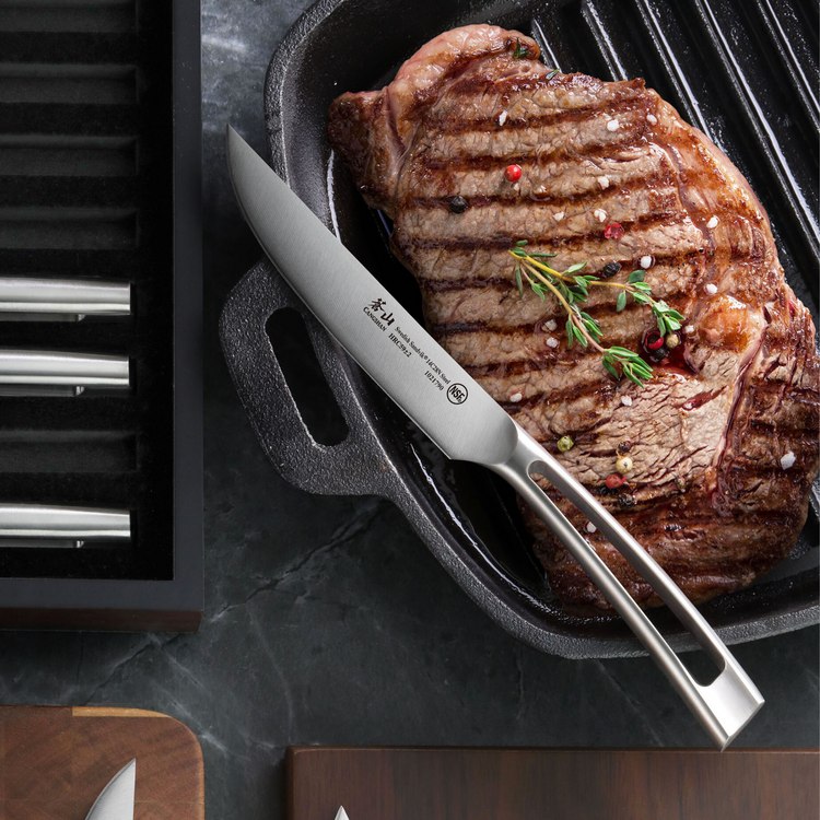 Steak knife with stainless steel handle resting on grilled steak in cast iron pan next to wooden knife block.