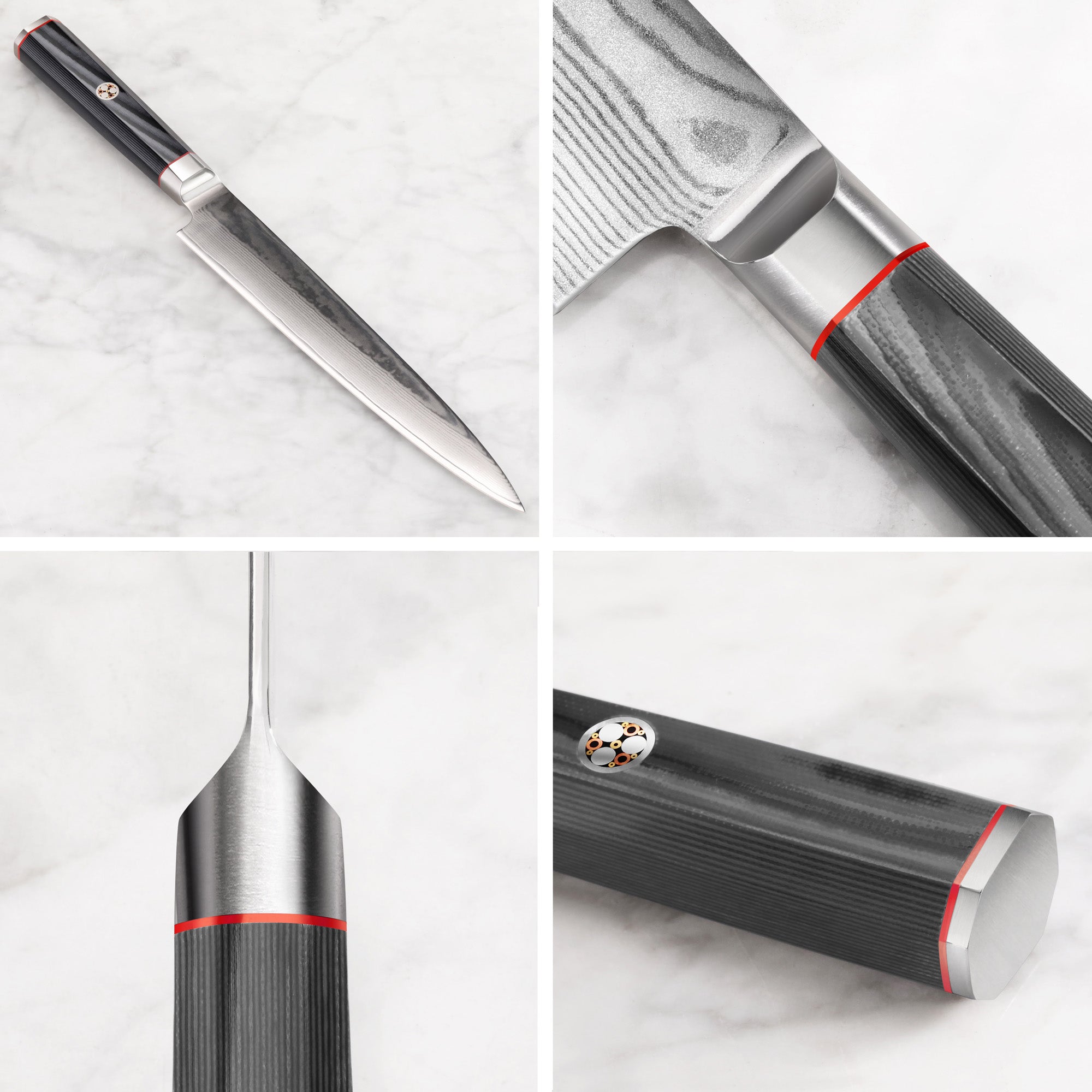 YARI Series 8-inch sashimi knife with Damascus steel blade and black textured handle shown from multiple close-up angles.