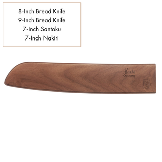 
                    
                      Walnut magnetic knife sheath with saya style blade protection, engraved with brand logos.
                    
                  