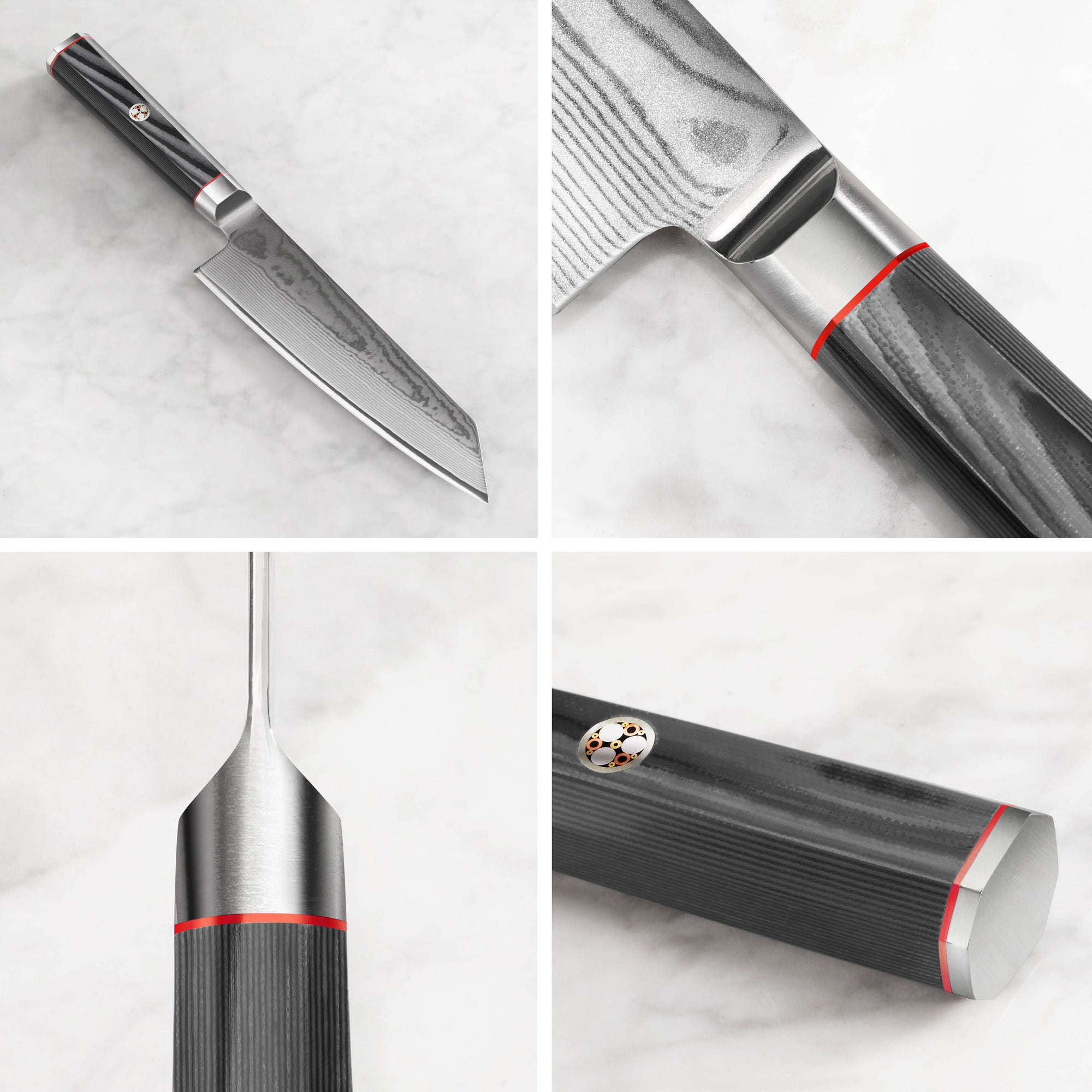 YARI Series 7-inch Kiritsuke knife with Damascus steel blade and dark textured handle with red and silver accents shown from