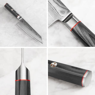 
                    
                      YARI Series 7-inch Kiritsuke knife with Damascus steel blade and dark textured handle with red and silver accents shown from
                    
                  