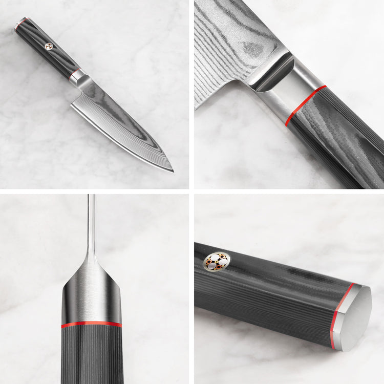 6-inch chef's knife with patterned Damascus steel blade and dark textured handle with metal accents.