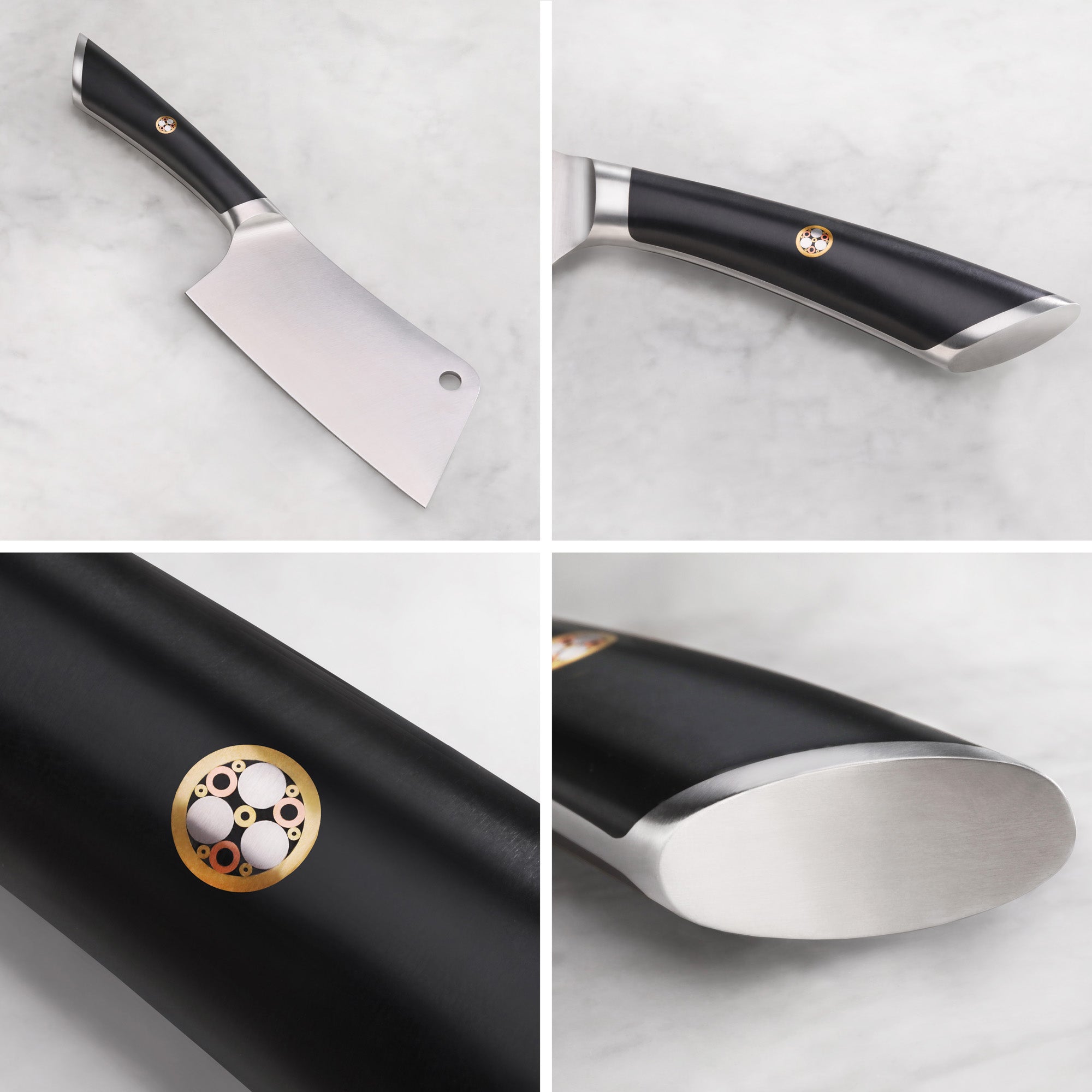 Cleaver knife with black handle and metal emblem, shown from multiple close-up angles on a white surface.