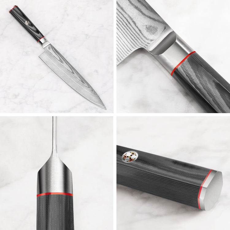 Chef knife with patterned Damascus steel blade and black handle with red accents shown from multiple close-up angles on a whi