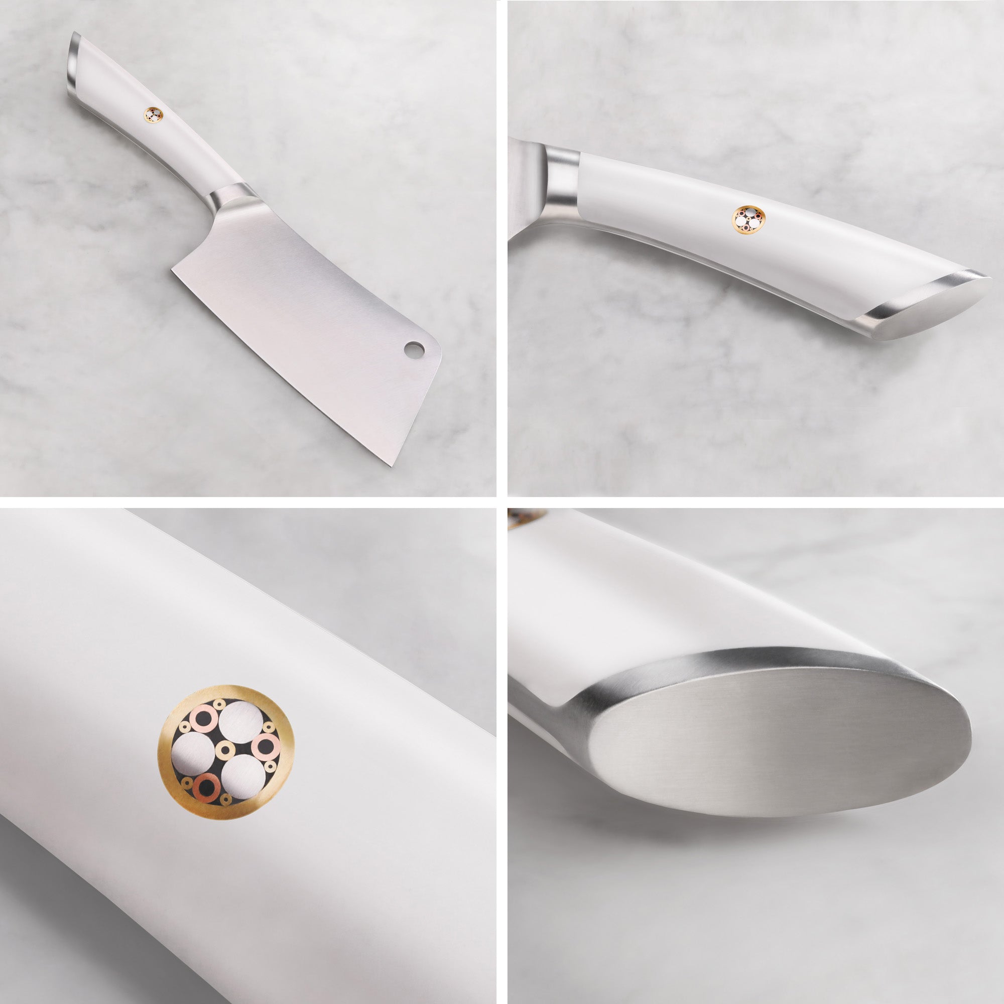 Cleaver knife with white handle featuring a circular emblem, stainless steel blade, and smooth rounded end.