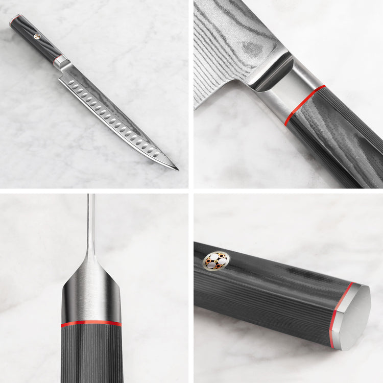 Carving knife with a patterned Damascus steel blade and dark wood handle with metal accents shown from multiple angles.