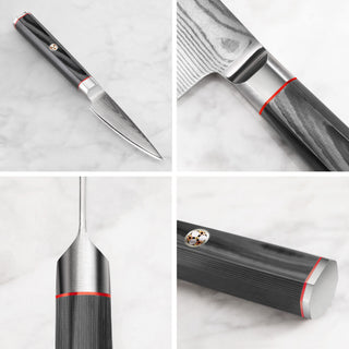 
                    
                      3.5-inch paring knife with Damascus steel blade and black textured handle with red and silver accents.
                    
                  