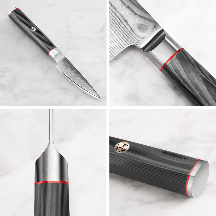 3.5-inch paring knife with Damascus steel blade and black textured handle with red and silver accents.